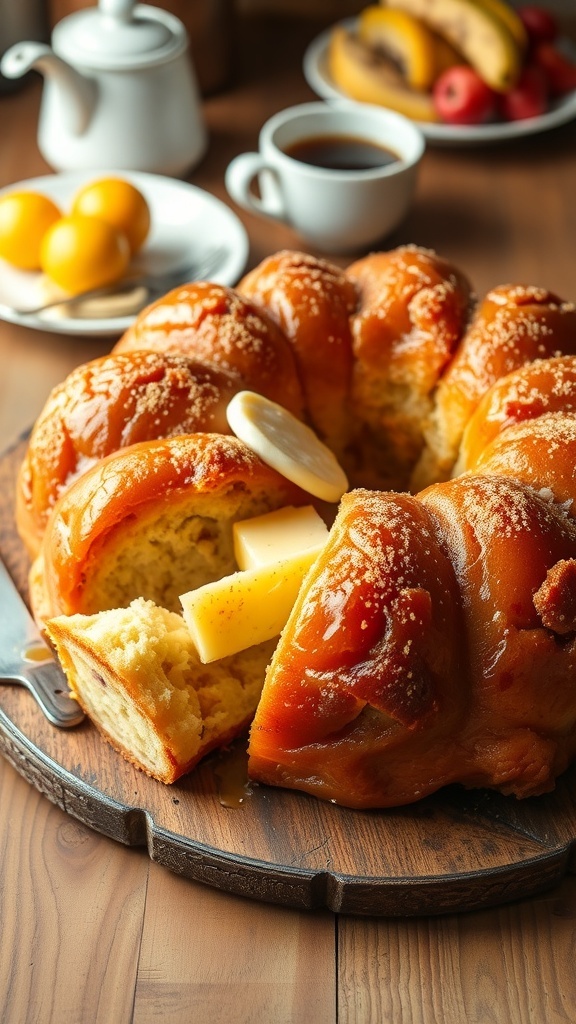 Golden brown monkey bread on a wooden table, with pieces pulled apart, showcasing its fluffy texture.